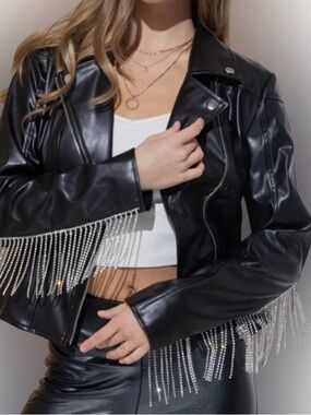 Black Faux Leather Fringe Jacket with Crystal Fringe! Perfect Nashville jacket